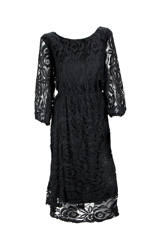 Ing Black 3/4-Sleeve Cutout Back Lace Fit & Flare Dress 1X - Walmart.com