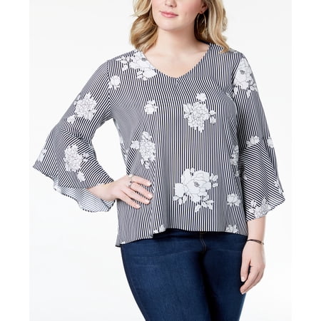 Ing Trendy Plus Size Printed Tie Back Bell Sleeve Top Navy 3X