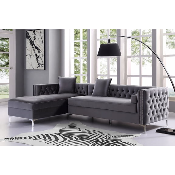 Inspired Home Sania Velvet Chaise Sectional Sofa 115" Left Facing Living Button Tufted Nailhead Trim, Grey