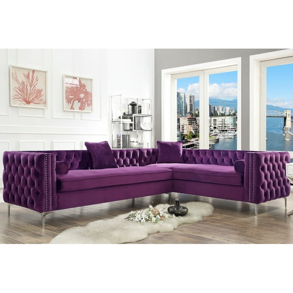 Inge Purple Velvet Sectional Sofa - Silver Nailhead Trim, Button Tufted, Metal Y-leg
