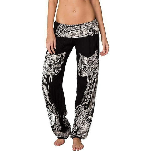 INGEAR Women’s Smocked Boho Harem Pants, Hippie Gypsy Print Yoga Trousers