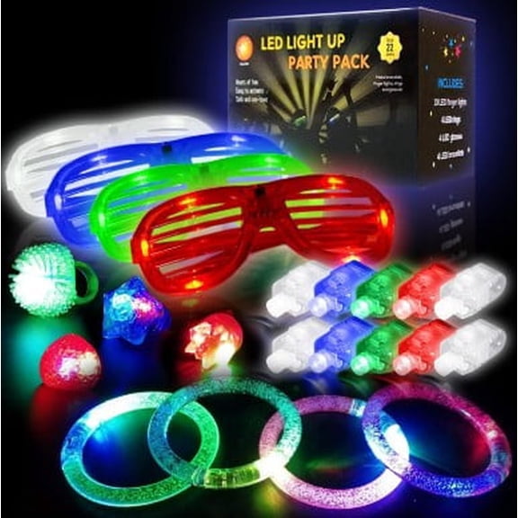 Ingeniuso 22 Piece LED Light Up Toy Party Favors Glow in The Dark, Birthday Halloween Party Supplies Bulk for Adult Kids with 1 Finger Light, 4 Jelly Ring, 4 Flashing Glasses, 4 Bracelets