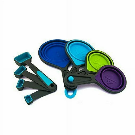 Ingeniuso 8 Piece Collapsible Measuring Cups and Measuring Spoons, Portable Food Grade Silicone Measurement Cup Set For Measuring Dry Rations And Liquids - Blue