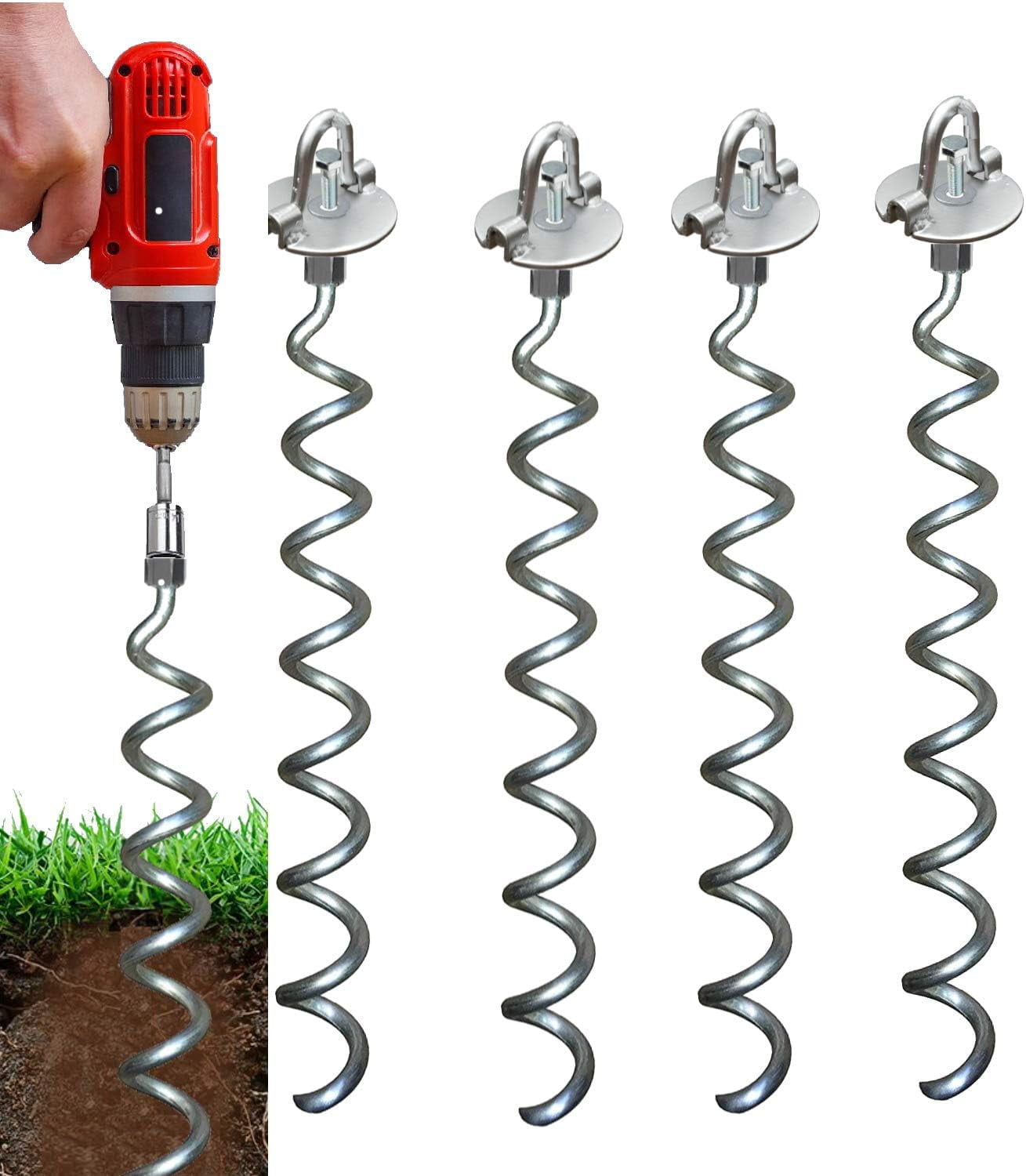 Ingeniuso - Spiral Ground Anchor - Heavy Duty Screw in Spiral Stakes, Folding Ring Ground Stakes for Securing Dogs, Tents, Trampolines, Canopies, Swing Sets, 4-Pack
