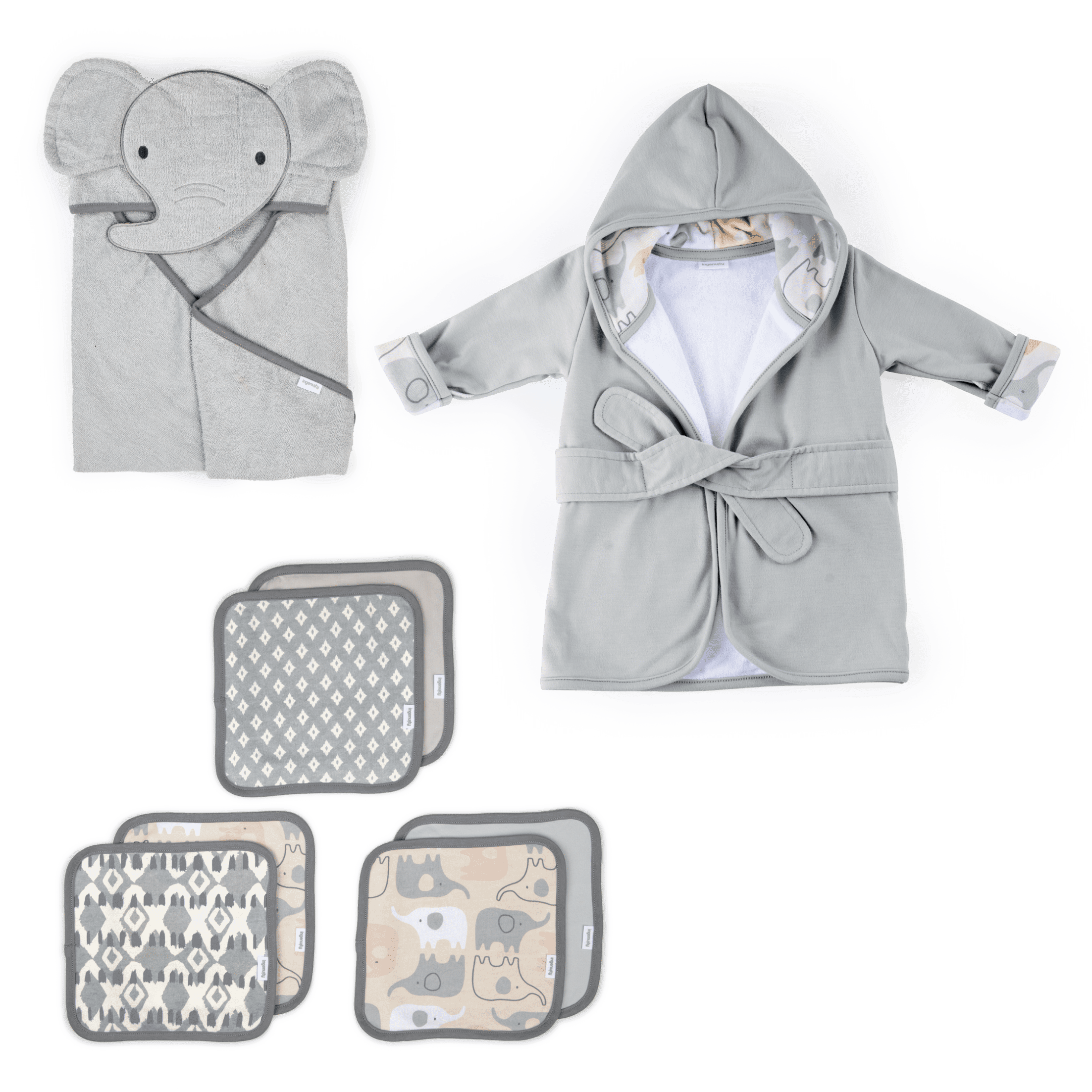 Ingenuity Clean & Cuddly Hooded Baby Bathrobe - Grazer Clean & Cuddly Hooded Character Towel - Grazer & Clean & Cuddly 6-Pack Terry Washcloth Set - Grazer