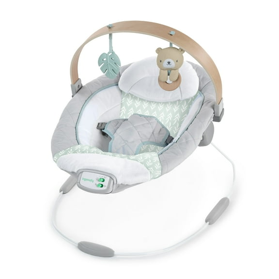 Ingenuity Cozy Spot Soothing Unisex Baby Bouncer with Wooden Toy Arch, 0-6 Months, Grey