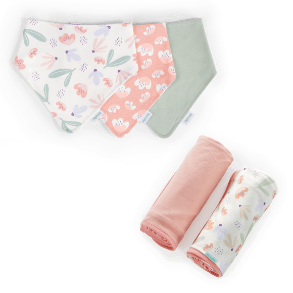 Ingenuity Easy Eater 3-Pack Baby Bandana Bib Set - Posy & Comfy Bundle 2-Pack Multi-Use Swaddle Blanket Set - Posy