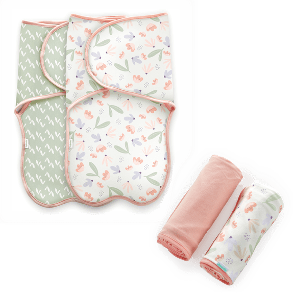Ingenuity Farewell Fuss Adjustable Easy-Wrap Baby Swaddle 2 Pack - Posy Comfy Bundle