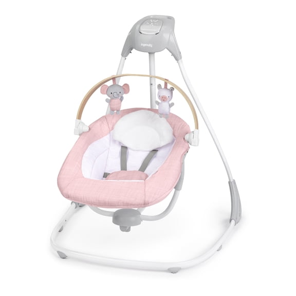 Ingenuity SimpleComfort Compact Baby Swing with Rotating Toy Bar, 6 Speeds, for Ages 0-9 Months, USB Powered, Pink