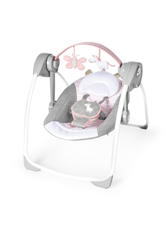 Ingenuity Soothe 'n Delight 6-Speed Portable Baby Swing with Music - Flora the Unicorn (Pink)