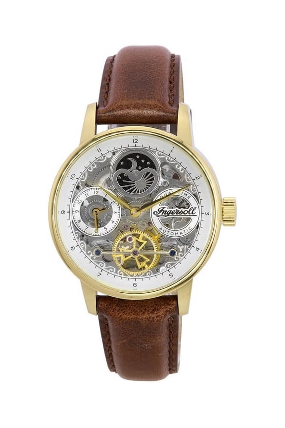 Ingersoll The Jazz Moon Phase Leather Strap Skeleton Gold Dial Automatic I07704 Men's Watch