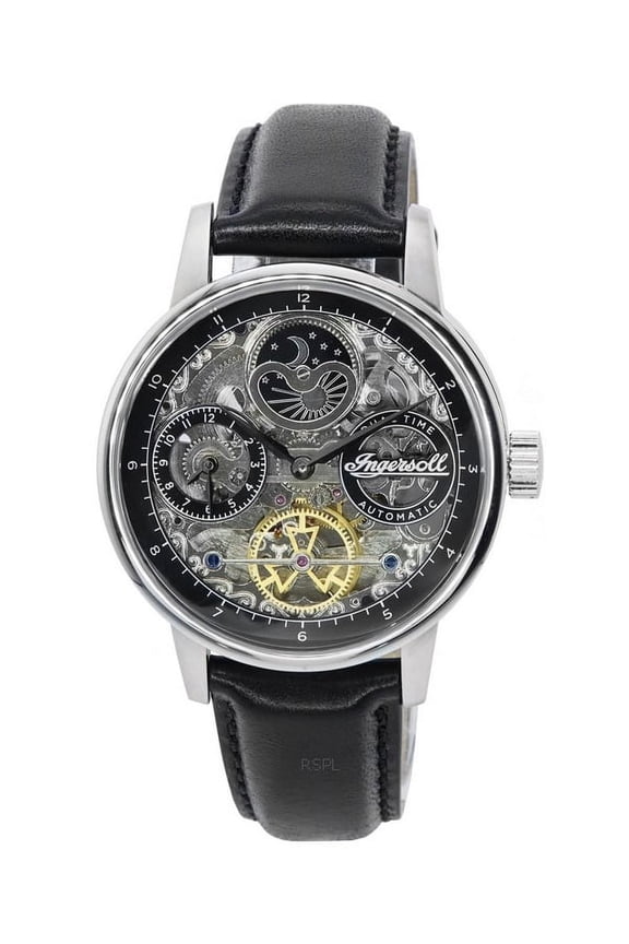 Ingersoll The Jazz Sun and Moon Phase Leather Strap Skeleton Silver Dial Automatic I07701 Men's Watch