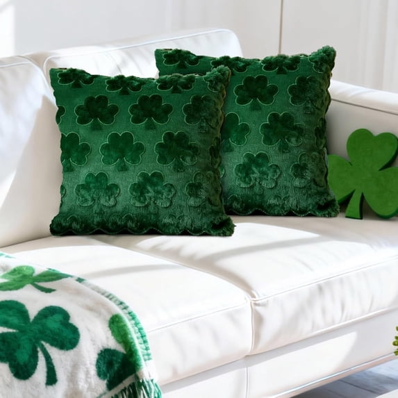 Inglocoh St Patricks Day Pillow Covers 18x18 Set of 2 – Green Shamrock 3D Plush Textured Throw Pillow Covers for Sofa Couch & Living Room – Irish Holiday & St Patricks Day Decorations for Home