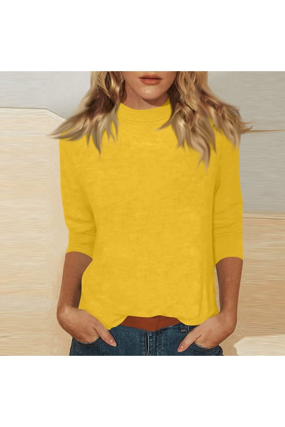 3/4 Sleeve Tops for Women Loose Fit Mock Neck Cute Shirts Casual Layering Three Quarter Sleeve Tops Woman Blouse Yellow M