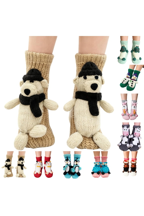3D Knit Animal Sock for Mens Womens Winter Warm Soft Slipper Home Sleeping Cute Animal Socks Gifts Khaki 6.5 In