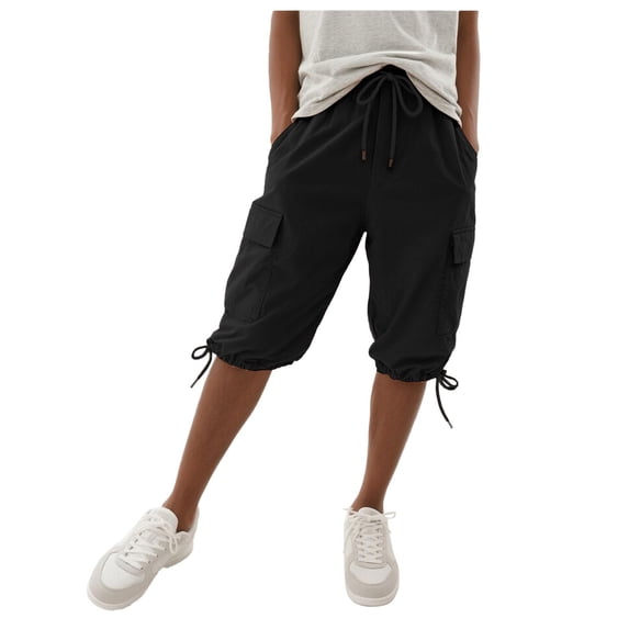 Inglocry Bermuda Shorts for Women Knee Length Long Shorts Elastic Waist Drawstring Linen Capris Summer Casual Pedal Pushers with Pocket Black M