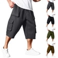 thumbnail image 1 of Inglocry Big and Tall Men's 3/4 Length Cargo Shorts Elastic Waist Drawstring Capri Below Knee Long Shorts with Multi Pockets Black 4XL, 1 of 6