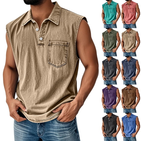 Inglocry Big and Tank Tops for Men Vintage Denim Henley Shirts Casual Button Up Acid Wash T-shirt Sleeveless Boxy Tee Shirts Light pink XL