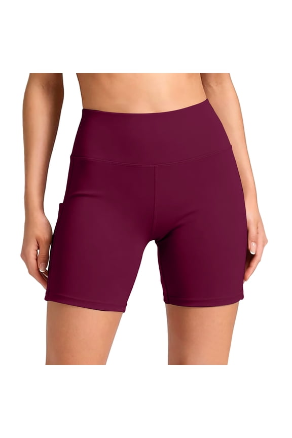 Biker Shorts Women with Pockets High Waisted Gym Workout Shorts Tummy Control Yoga Running Shorts 2026 Wine L