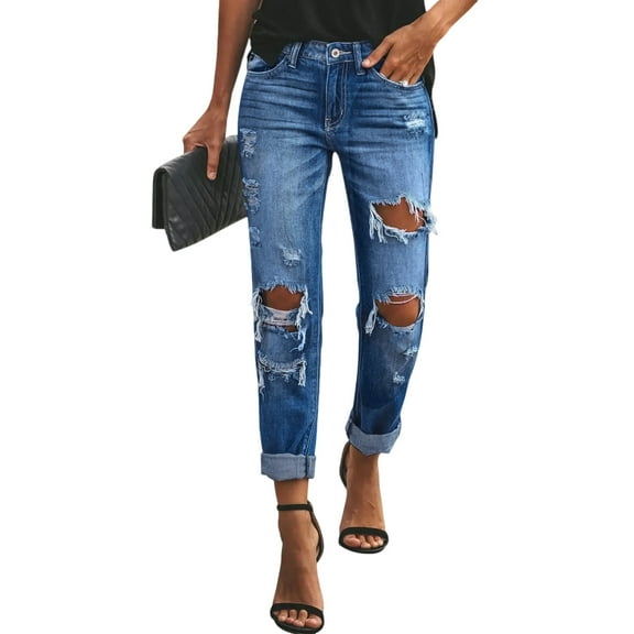 Inglocry Boyfriend Jeans for Women Stretchy Ripped Distressed Denim Pants Loose Straight Leg Jeans with Pockets Blue XL