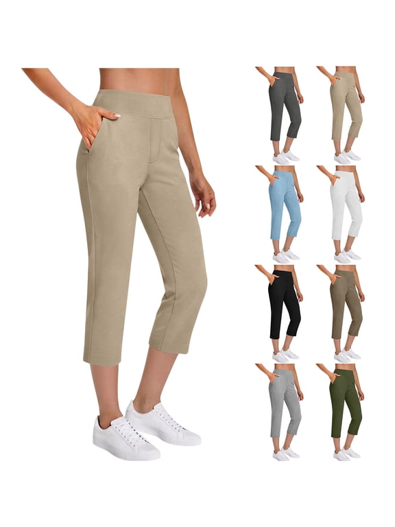 Capri Pants for Women High Waist Straight Leg Stretch Pants Summer Work Golf Capris with Pockets Gray L