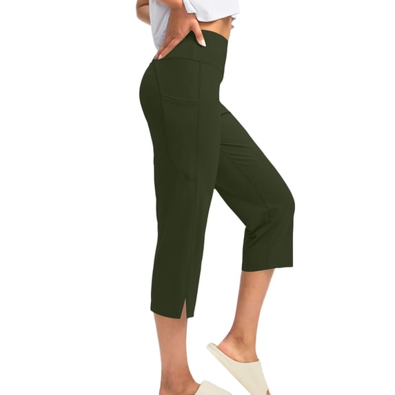 Inglocry Capri Pants for Women High Waist with Pockets Women's Capris Workout Summer Yoga Pants Loose Straight Leg Army Green L
