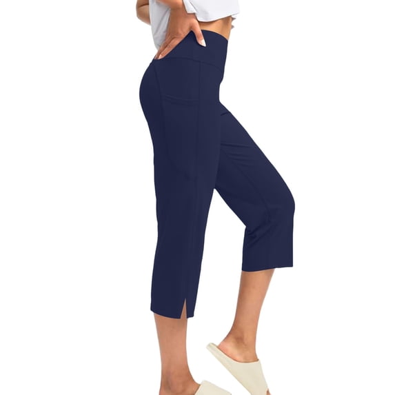 Inglocry Capri Pants for Women High Waist with Pockets Women's Capris Workout Summer Yoga Pants Loose Straight Leg Navy M