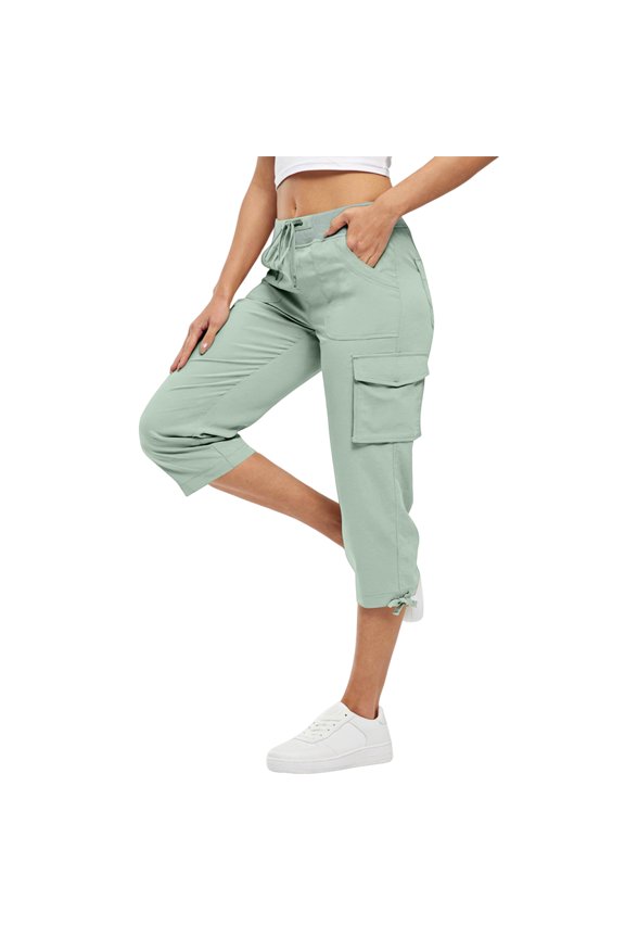Capri Pants for Women Summer Quick Dry Cargo Capris with Pockets Drawstring Cargo Pant Outdoor Golf Hiking Pants Mint Green S