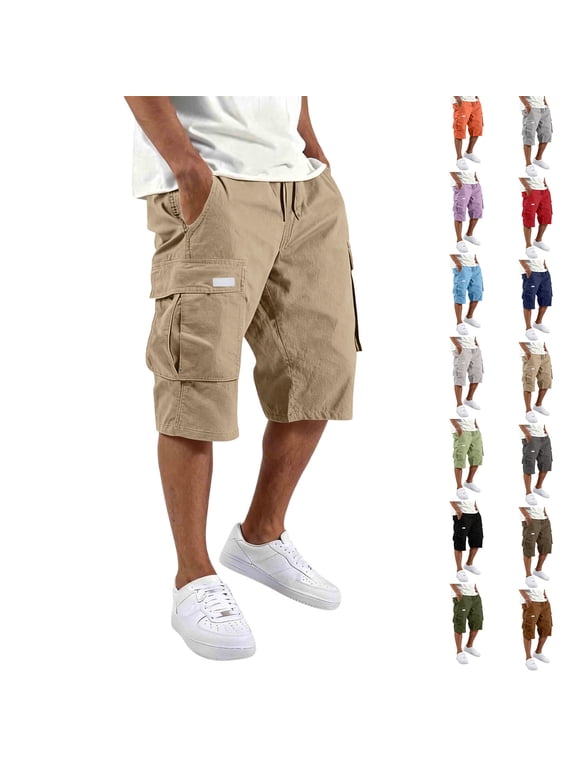 Cargo Shorts for Men Casual Summer Hiking Pants Drawstring Big and Tall Knee Length Multi-Pockets Bermuda Shorts Black 3XL