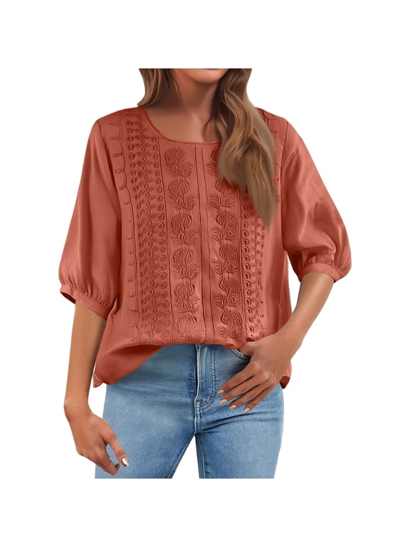 Casual Linen Tops for Women Cotton 3/4 Sleeve Shirts Summer Boho Beach Embroidered Tunics Peasant Blouses Orange M