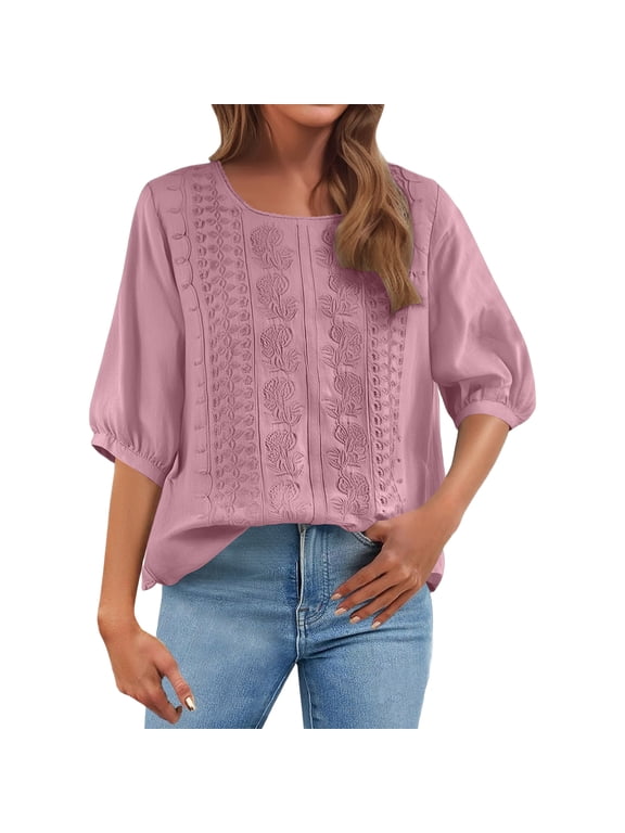 Casual Linen Tops for Women Cotton 3/4 Sleeve Shirts Summer Boho Beach Embroidered Tunics Peasant Blouses Pink L