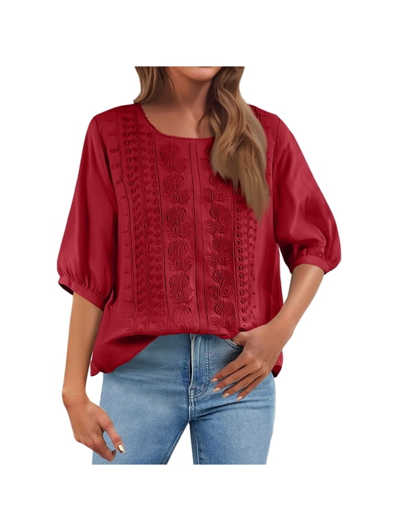 Casual Linen Tops for Women Cotton 3/4 Sleeve Shirts Summer Boho Beach Embroidered Tunics Peasant Blouses Red M