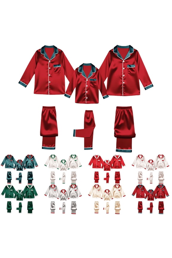 Christmas Pajamas for Family Silk Satin Holiday Matching Pajamas Sets Long Sleeve Button Down Comfy Loungewear Sets Men Wine 3XL