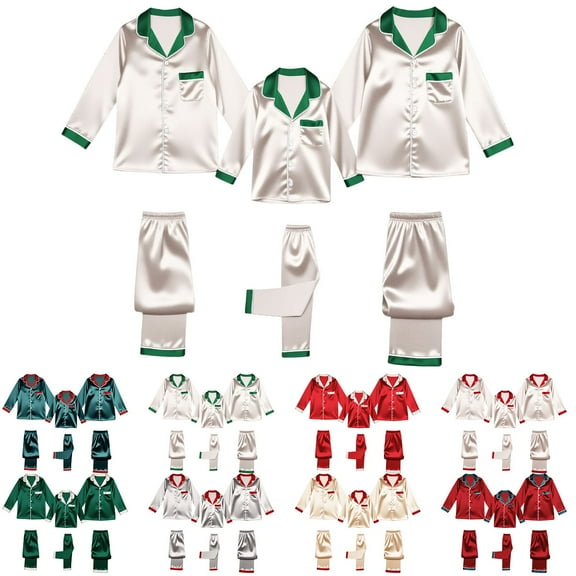 Inglocry Christmas Pajamas for Family Silk Satin Holiday Matching Pajamas Sets Long Sleeve Button Down Comfy Loungewear Sets Women White S