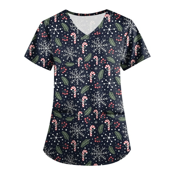 Inglocry Christmas Scrub Tops Woman V Neck Short Sleeve Nursing Tops with Pockets Winter Holiday Print Scrub Top with Pockets Blue XL