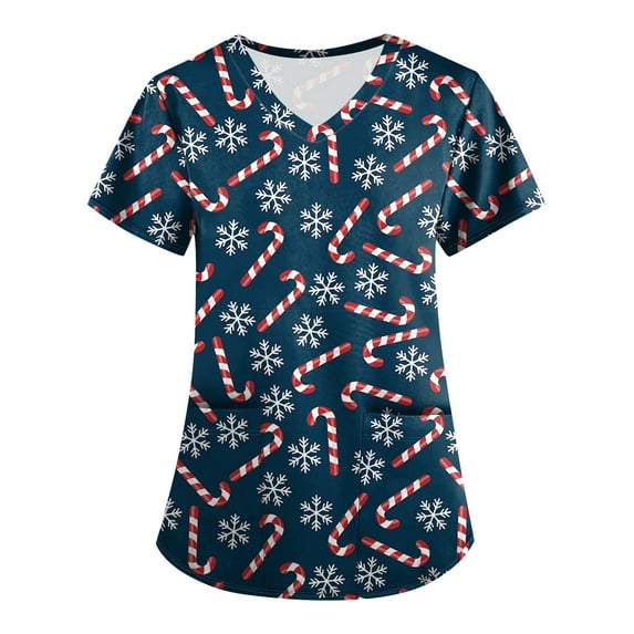 Inglocry Christmas Scrub Tops Woman V Neck Short Sleeve Nursing Tops with Pockets Winter Holiday Print Scrub Top with Pockets Dark Blue XL