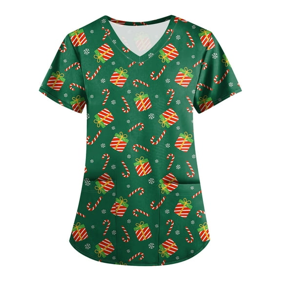 Inglocry Christmas Scrub Tops Woman V Neck Short Sleeve Nursing Tops with Pockets Winter Holiday Print Scrub Top with Pockets Green M