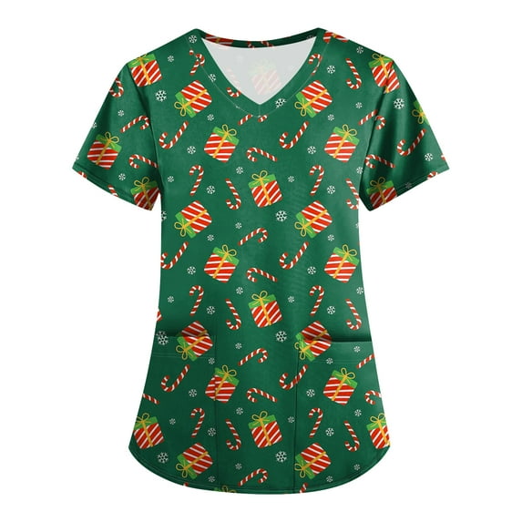 Inglocry Christmas Scrub Tops Woman V Neck Short Sleeve Nursing Tops with Pockets Winter Holiday Print Scrub Top with Pockets Green S