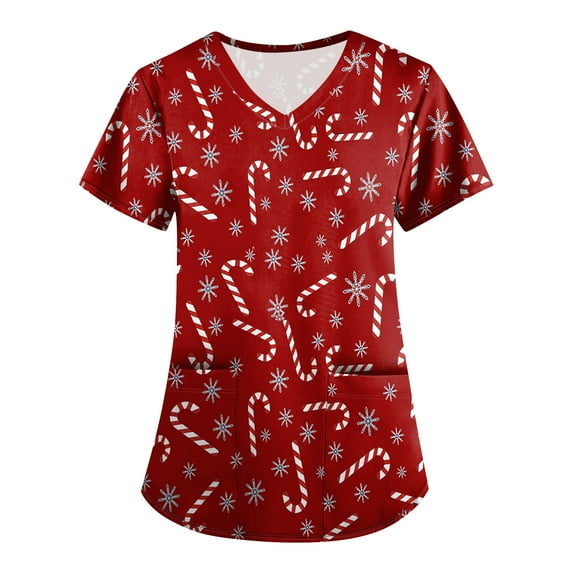 Inglocry Christmas Scrub Tops Woman V Neck Short Sleeve Nursing Tops with Pockets Winter Holiday Print Scrub Top with Pockets Red S