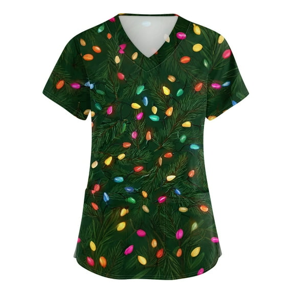 Inglocry Christmas Scrub Tops Women Plus Size Nursing Uniforms V-Neck Short Sleeve Fun Printed Scrubs Top with Pockets Army Green XL