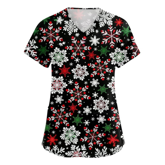 Inglocry Christmas Scrub Tops Women Plus Size Nursing Uniforms V-Neck Short Sleeve Fun Printed Scrubs Top with Pockets Black 2XL