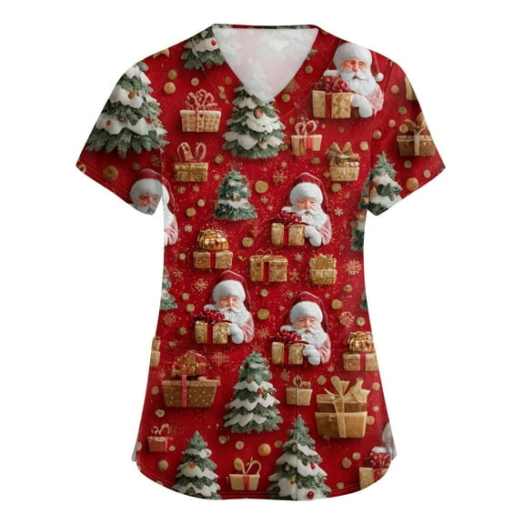 Inglocry Christmas Scrub Tops Women Short Sleeve Funny Xmas Tree Candy Holiday Scrubs with Pocket Medical Uniform Vermilion L