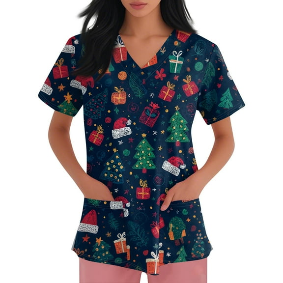 Inglocry Christmas Scrubs Tops for Women Plus Size Stretchy Short Sleeve V Neck Xmas Tree Snowflake Print Nurse Scrub Medical Uniform Blue M
