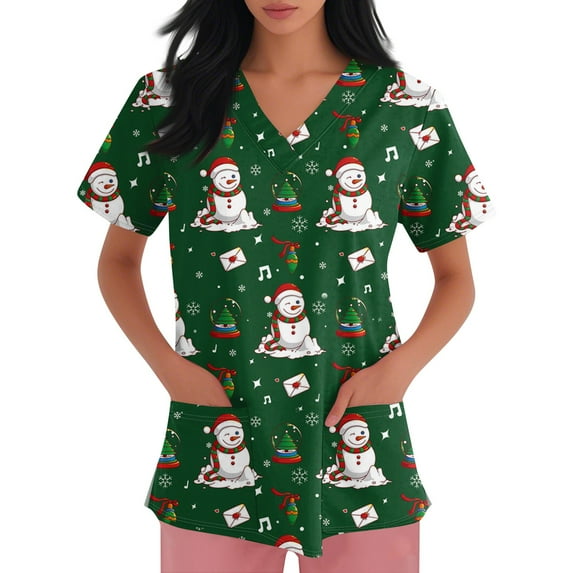 Inglocry Christmas Scrubs Women's Snowflake Christmas Tree Print Nursing Uniform Plus Size V Neck Short Sleeve Nurse Shirt with Pockets Army Green 2XL
