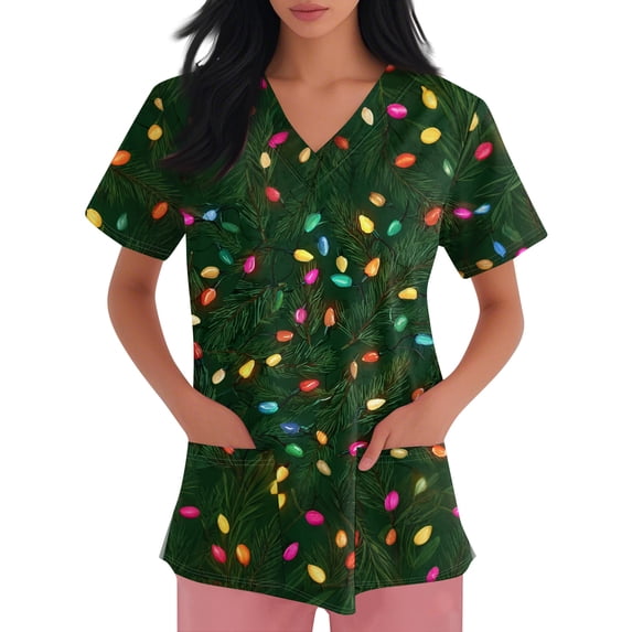 Inglocry Christmas Scrubs Women's Snowflake Christmas Tree Print Nursing Uniform Plus Size V Neck Short Sleeve Nurse Shirt with Pockets Army Green 4XL