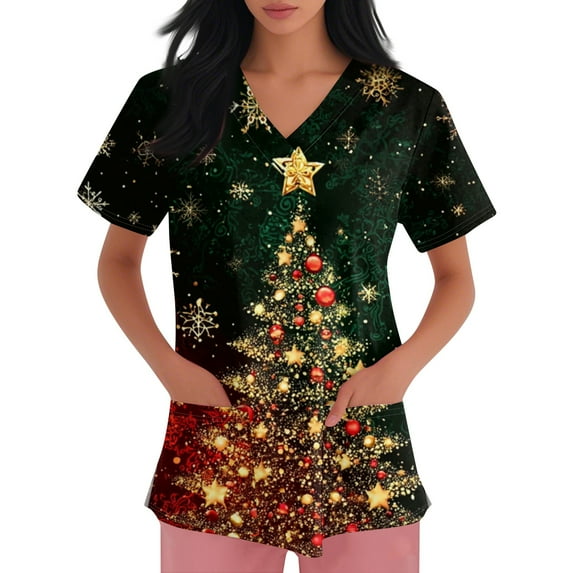 Inglocry Christmas Scrubs Women's Snowflake Christmas Tree Print Nursing Uniform Plus Size V Neck Short Sleeve Nurse Shirt with Pockets Fluorescent Green 4XL
