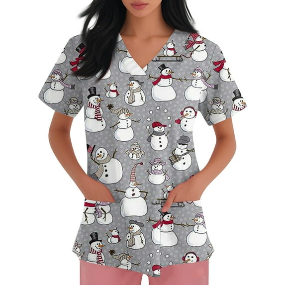 Inglocry Christmas Scrubs Women's Snowflake Christmas Tree Print Nursing Uniform Plus Size V Neck Short Sleeve Nurse Shirt with Pockets Light Gray 5XL