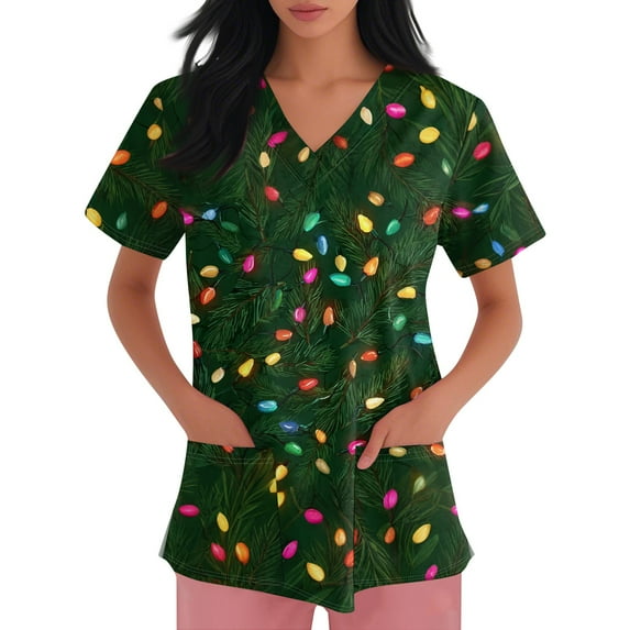 Inglocry Christmas Scrubs Women's Snowflake Christmas Tree Print Nursing Uniform Plus Size V Neck Short Sleeve Nurse Shirt with Pockets Army Green M
