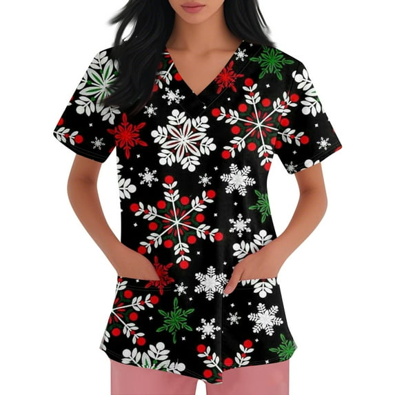 Inglocry Christmas Scrubs Women's Snowflake Christmas Tree Print Nursing Uniform Plus Size V Neck Short Sleeve Nurse Shirt with Pockets Black 2XL