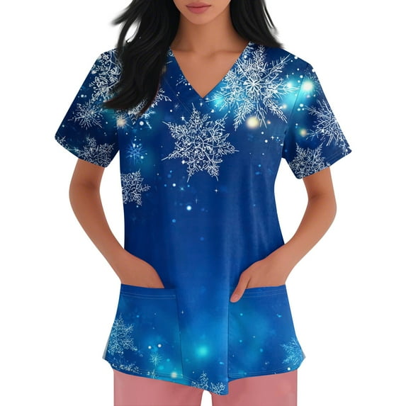 Inglocry Christmas Scrubs Women's Snowflake Christmas Tree Print Nursing Uniform Plus Size V Neck Short Sleeve Nurse Shirt with Pockets Blue 5XL